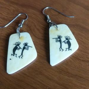 South African Ostrich Shell Kokopelli Flute Player Earrings